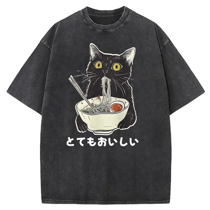 Black Cat Eating Ramen Washed Crew Neck T-shirt