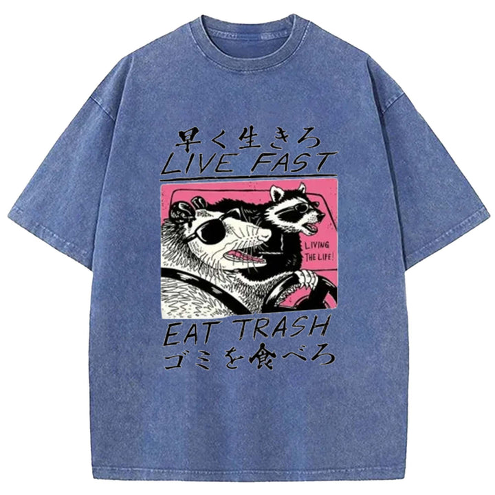 LIVE FAST EAT TRASH Washed Crew Neck T-Shirt
