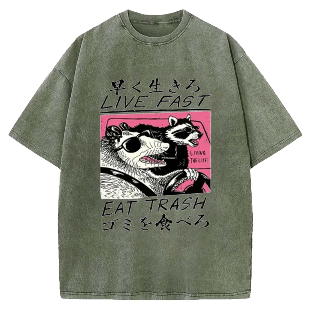 LIVE FAST EAT TRASH Washed Crew Neck T-Shirt