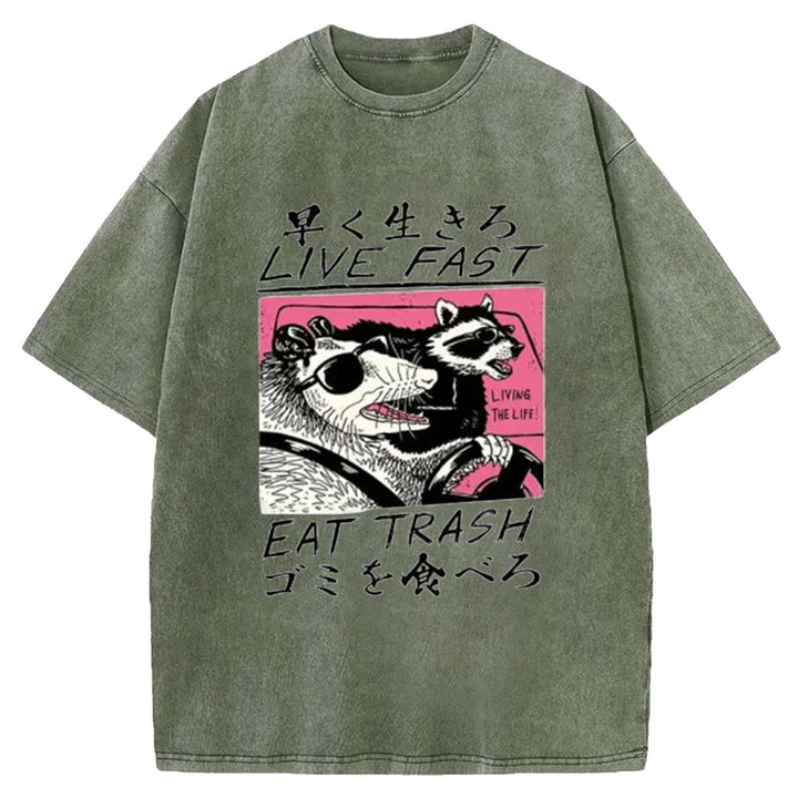 LIVE FAST EAT TRASH Washed Crew Neck T-Shirt