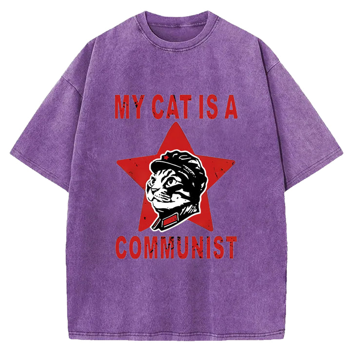 MY CAT IS A COMMUNIST Washed Crew Neck T-shirt