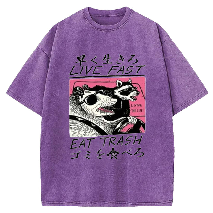 LIVE FAST EAT TRASH Washed Crew Neck T-Shirt