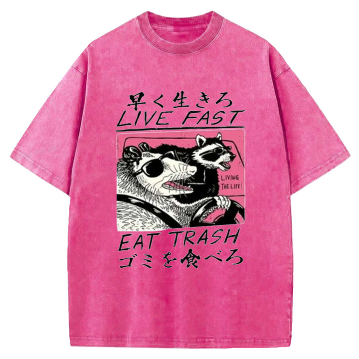 LIVE FAST EAT TRASH Washed Crew Neck T-Shirt