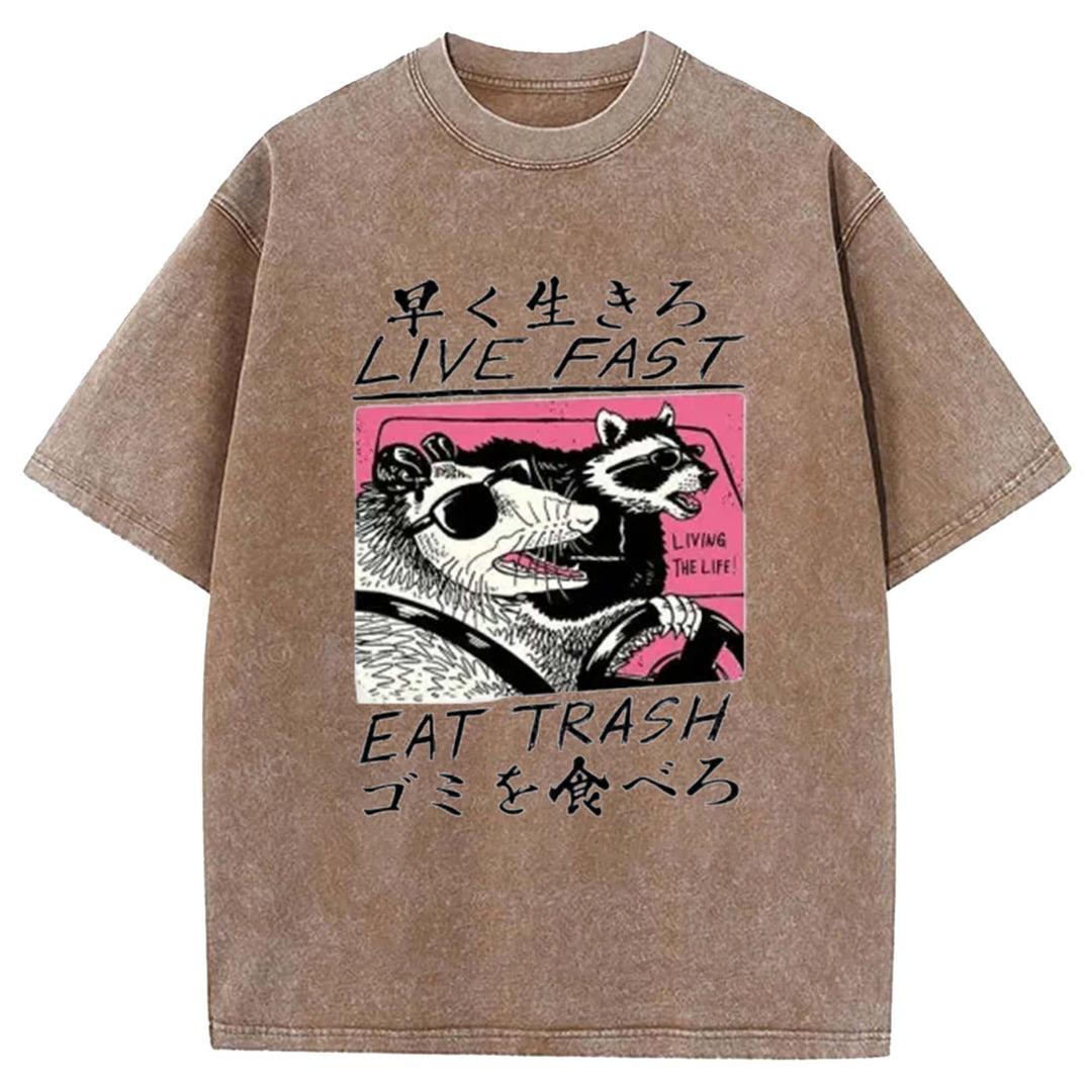 LIVE FAST EAT TRASH Washed Crew Neck T-Shirt
