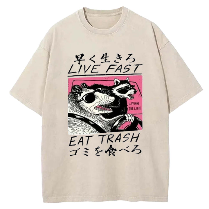 LIVE FAST EAT TRASH Washed Crew Neck T-Shirt