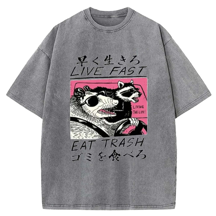 LIVE FAST EAT TRASH Washed Crew Neck T-Shirt