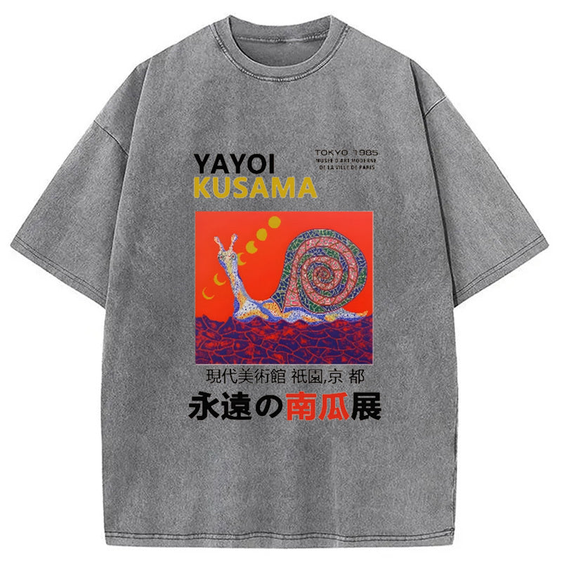 Yayoi Kusama Snail Vintage Design Washed Crew Neck T-Shirt