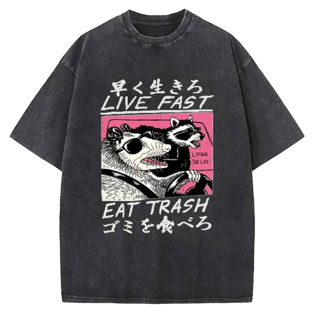 LIVE FAST EAT TRASH Washed Crew Neck T-Shirt