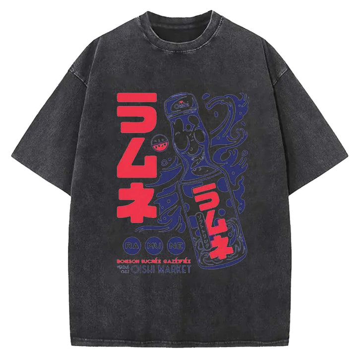 Ramune Print Japanese Washed Crew Neck T-Shirt