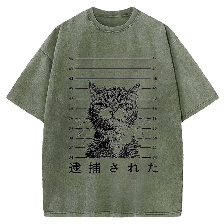 That Was Arrested Cat Hot Japanese Cat Washed Crew Neck T-Shirt