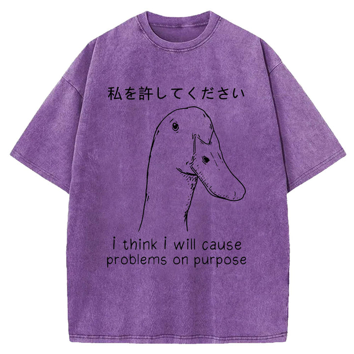 I Think I Will Cause Problems On Purpose Washed Crew Neck T-shirt
