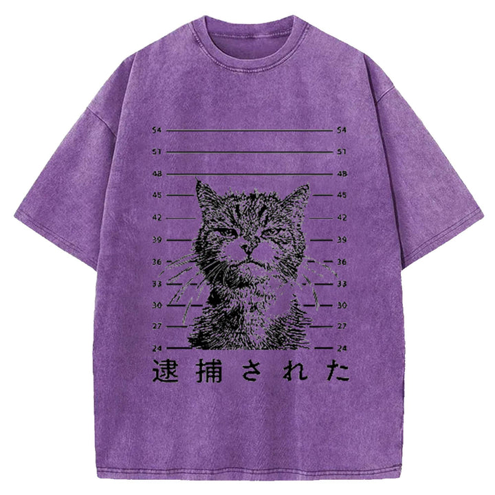 That Was Arrested Cat Hot Japanese Cat Washed Crew Neck T-Shirt