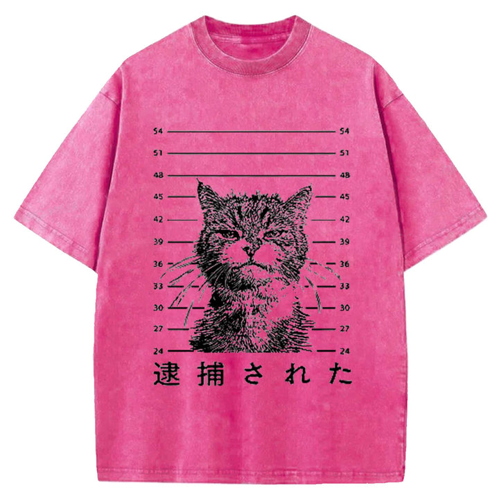 That Was Arrested Cat Hot Japanese Cat Washed Crew Neck T-Shirt