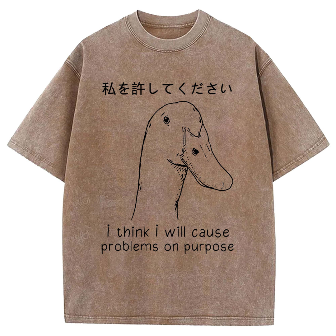 I Think I Will Cause Problems On Purpose Washed Crew Neck T-shirt