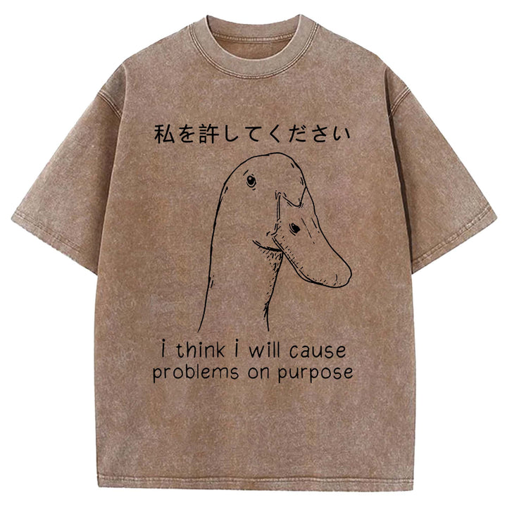 I Think I Will Cause Problems On Purpose Washed Crew Neck T-shirt
