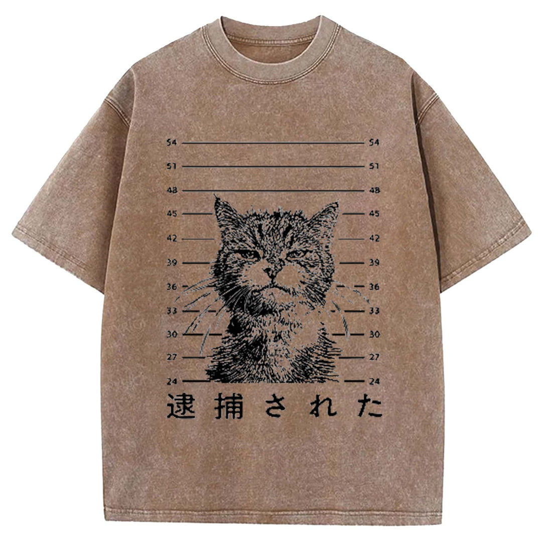 That Was Arrested Cat Hot Japanese Cat Washed Crew Neck T-Shirt