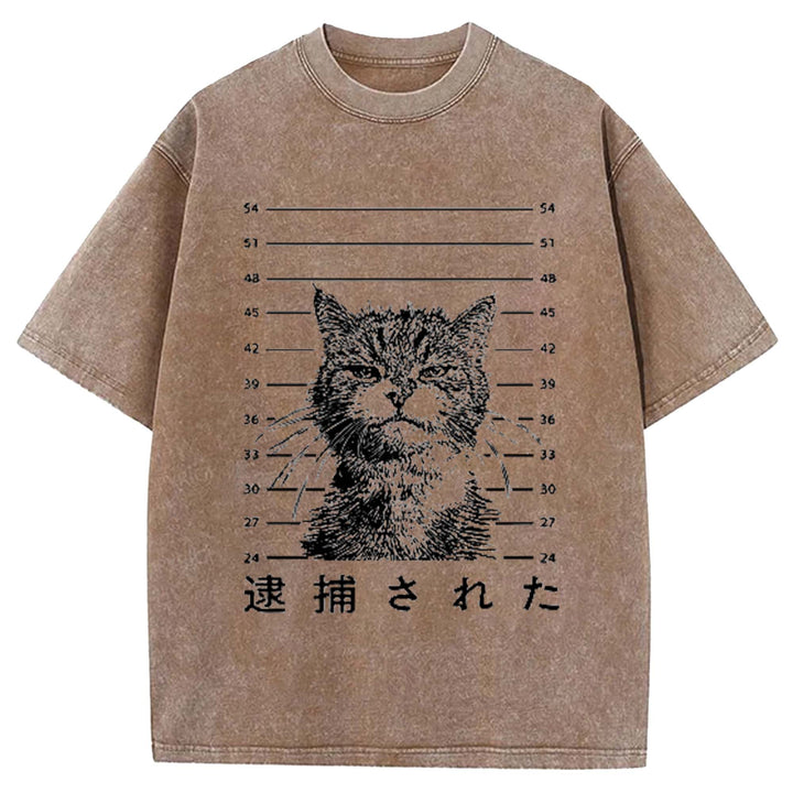 That Was Arrested Cat Hot Japanese Cat Washed Crew Neck T-Shirt