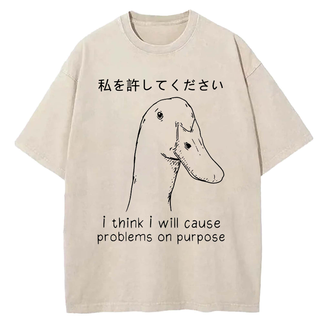 I Think I Will Cause Problems On Purpose Washed Crew Neck T-shirt