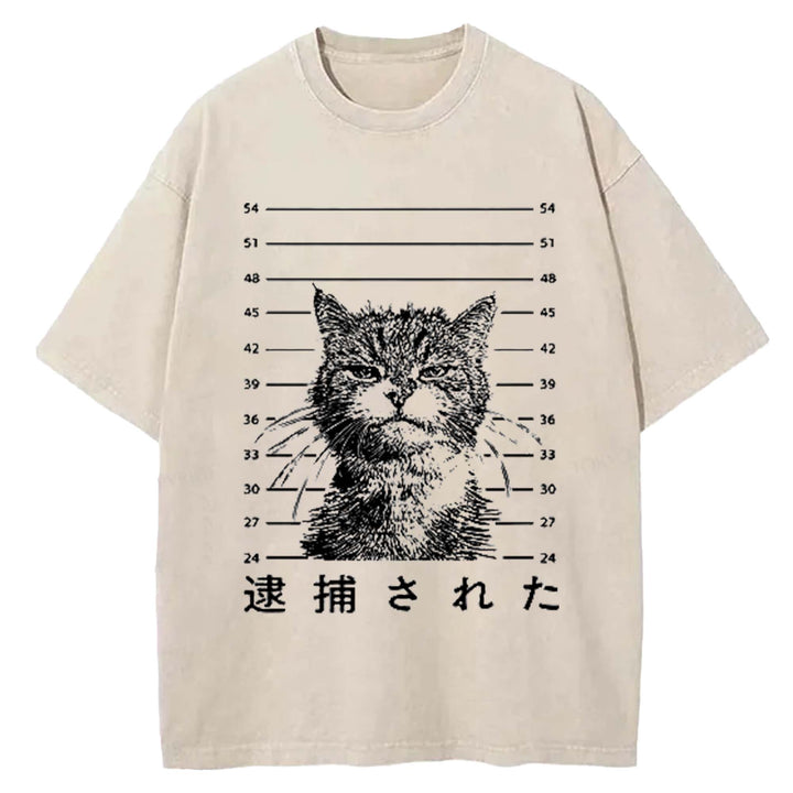 That Was Arrested Cat Hot Japanese Cat Washed Crew Neck T-Shirt