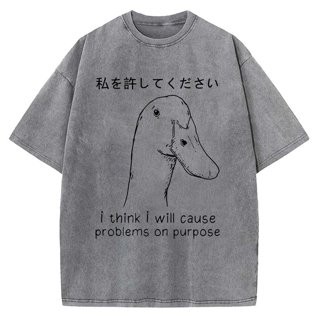 I Think I Will Cause Problems On Purpose Washed Crew Neck T-shirt