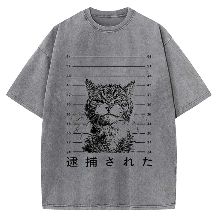 That Was Arrested Cat Hot Japanese Cat Washed Crew Neck T-Shirt