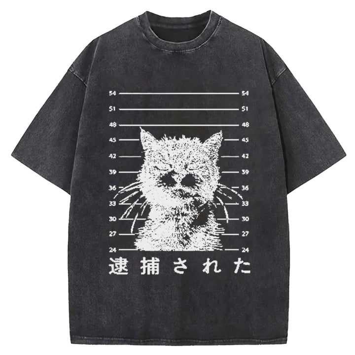 That Was Arrested Cat Hot Japanese Cat Washed Crew Neck T-Shirt