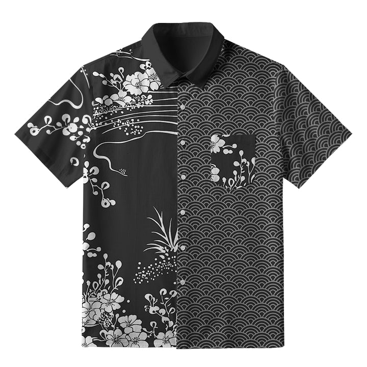 Flowing Waves And Sakura Button-up Shirt