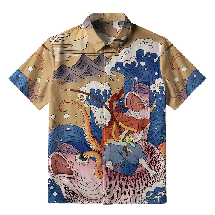 Japanese Cat Fishing Button-up Shirt