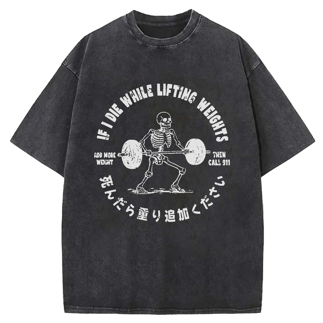 Deadlift Skeleton Barbell Washed Crew Neck T-Shirt