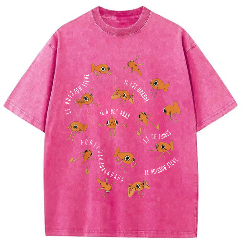 Le Poisson Steve Funny Fish Meme Washed Crew Neck T-Shirt