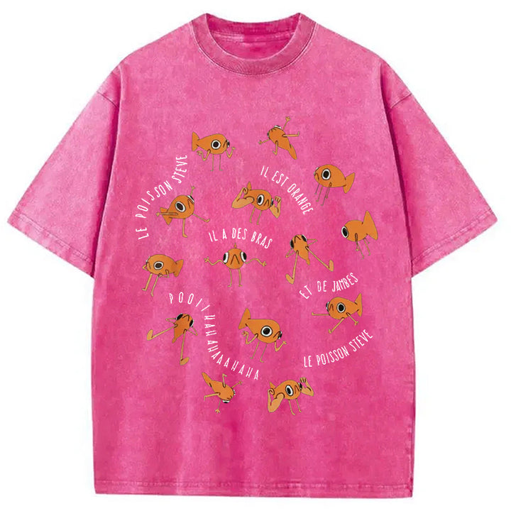 Le Poisson Steve Funny Fish Meme Washed Crew Neck T-Shirt