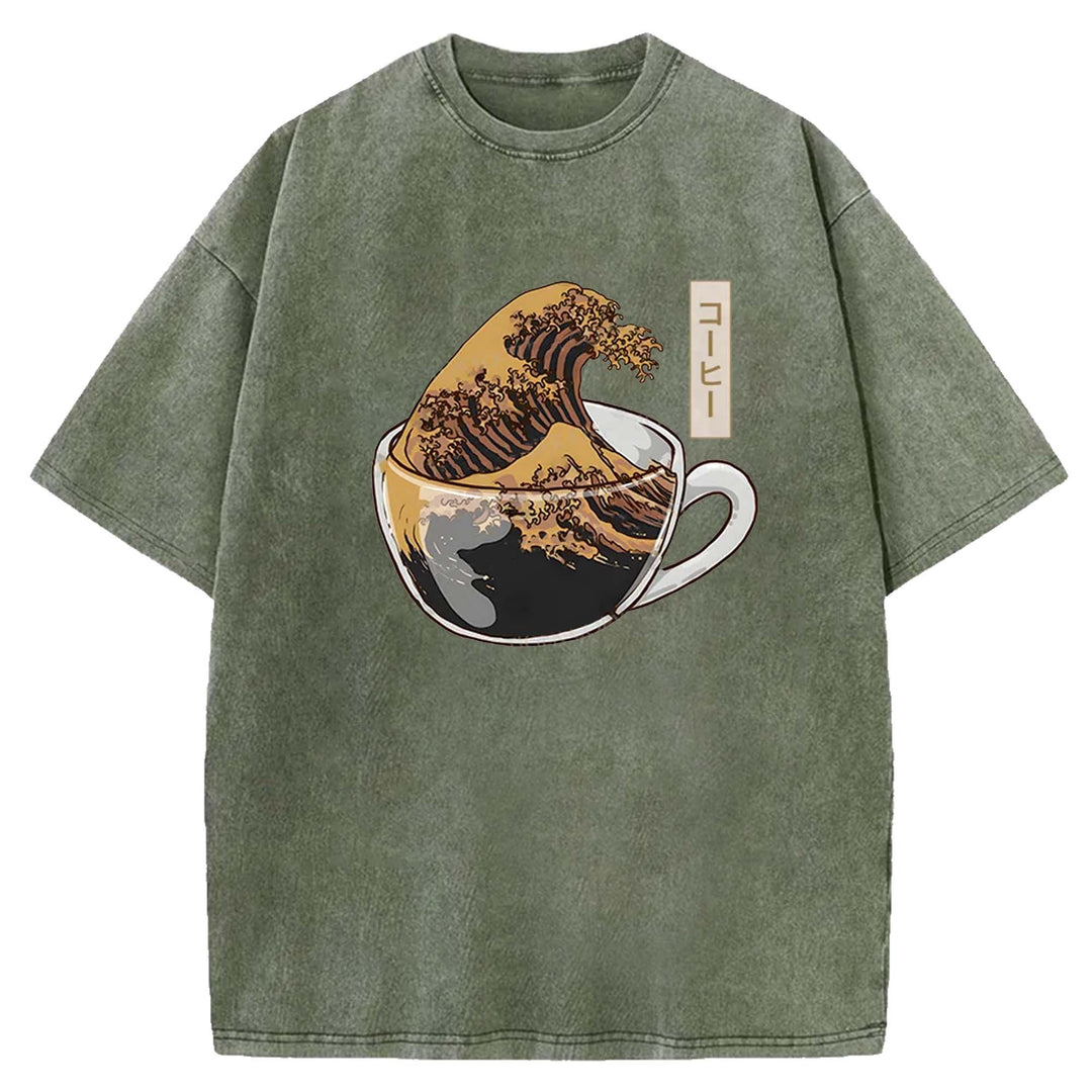 Wave Coffee Washed Crew Neck T-shirt