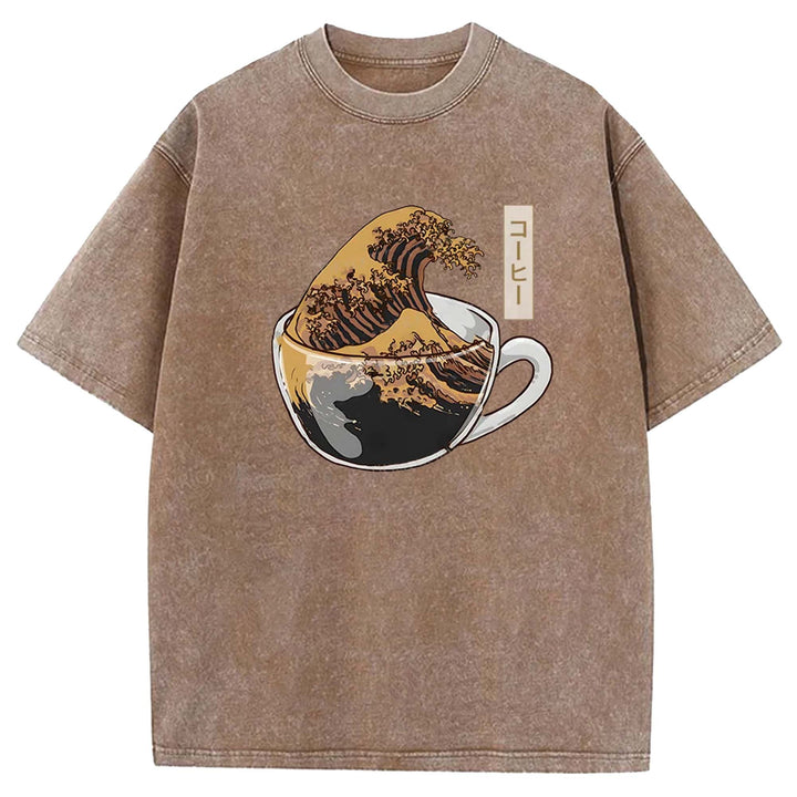 Wave Coffee Washed Crew Neck T-shirt
