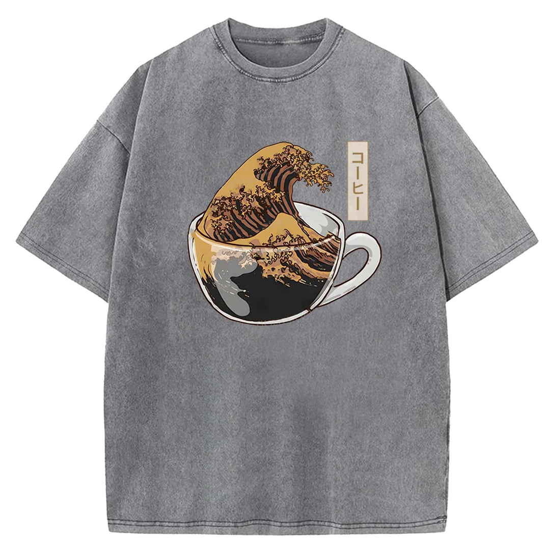 Wave Coffee Washed Crew Neck T-shirt