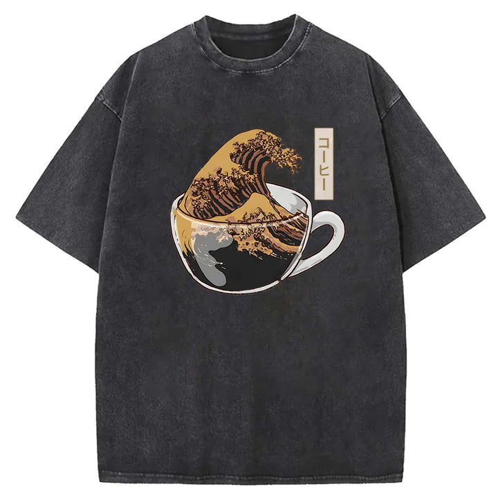 Wave Coffee Washed Crew Neck T-shirt
