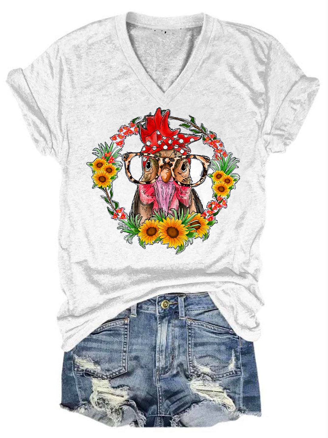 Sunflower Chicken Print V-Neck T-Shirt