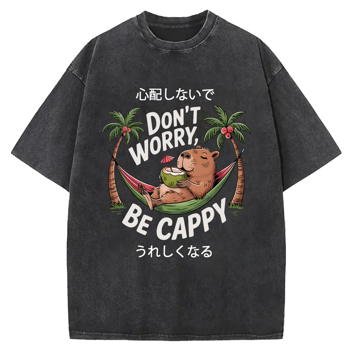 DON'T WORRY BE CAPPY Washed Crew Neck T-Shirt