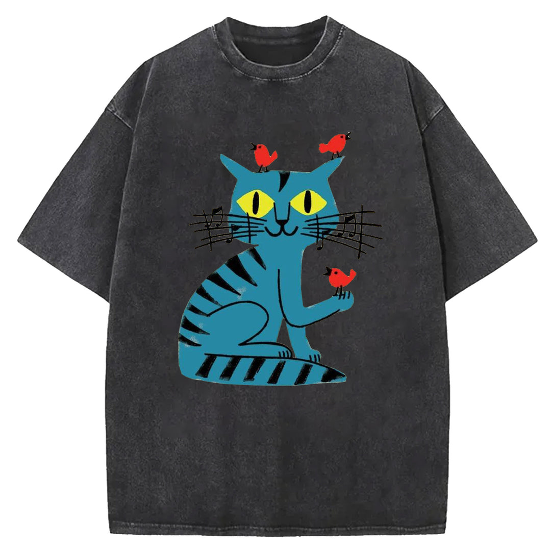 Funny Cat Design Washed Crew Neck T-Shirt