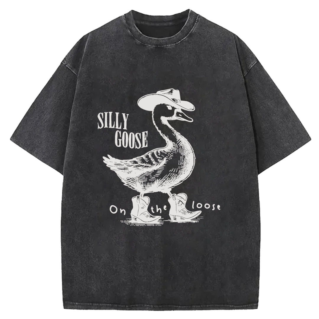 Silly Goose On The Loose Western Design Washed Crew Neck T-shirt