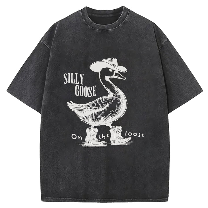 Silly Goose On The Loose Western Design Washed Crew Neck T-shirt