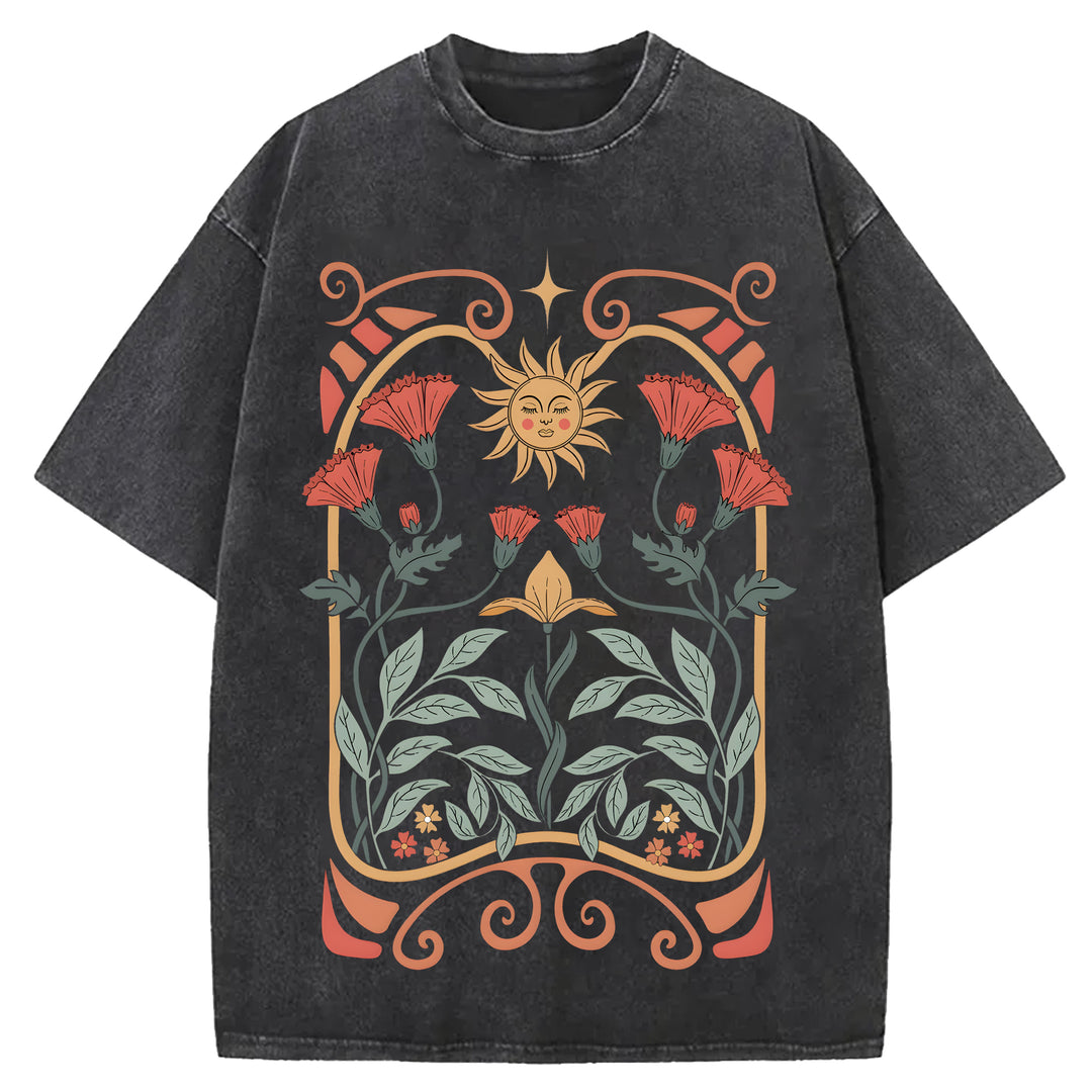 Vintage Flowers Design Washed Crew Neck T-Shirt