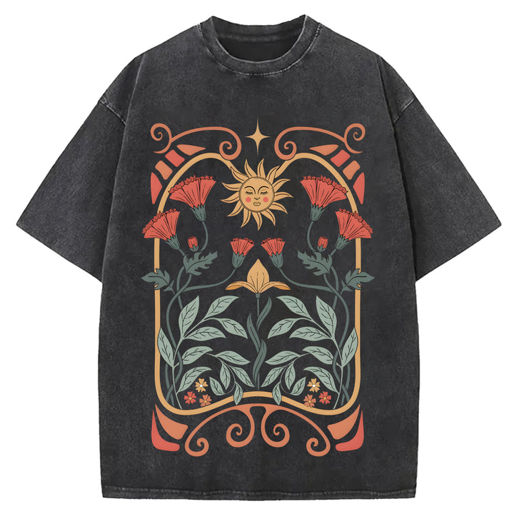 Vintage Flowers Design Washed Crew Neck T-Shirt