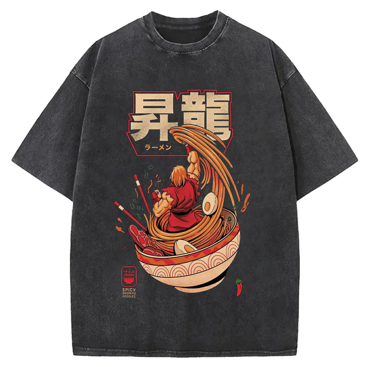 Japanese Anime Ramen Washed Crew Neck T-Shirt