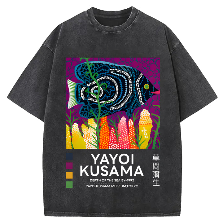 Yayoi Kusama Flower Vintage Japanese Design Washed Crew Neck T-Shirt