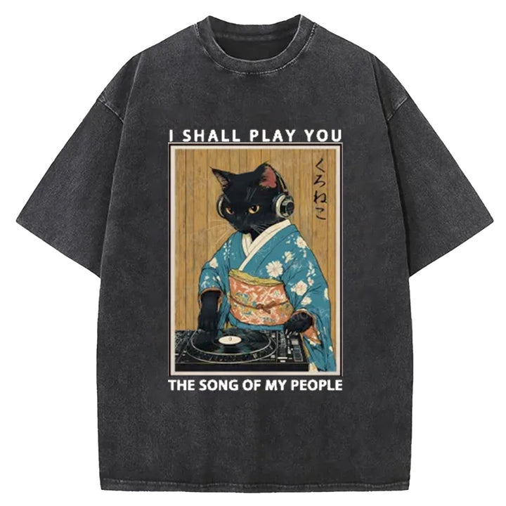 Funny Playing Music Black Cat  Washed Crew Neck T-Shirt