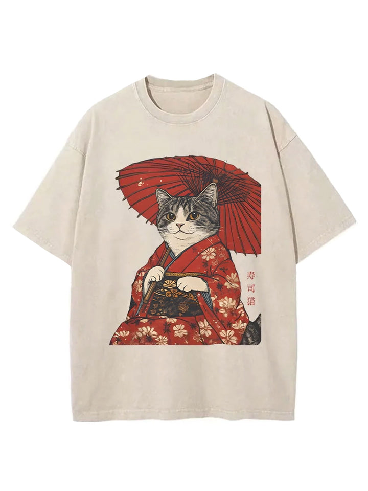 Japanese Cat Holding An Umbrella Washed Crew Neck T-shirt