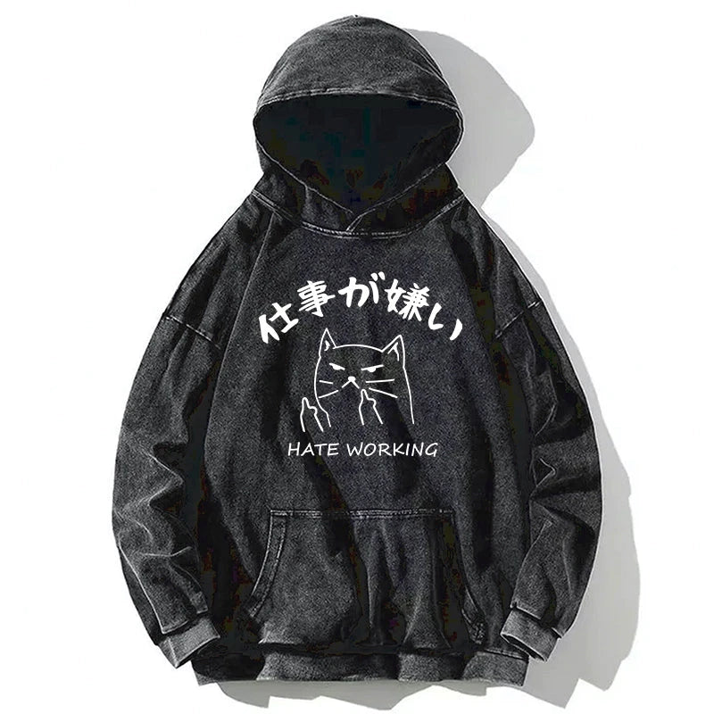 A Cat That Hates Work Washed Hoodie