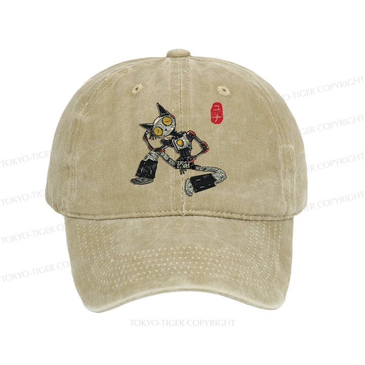 Contemplative Robot Cat Washed Cap