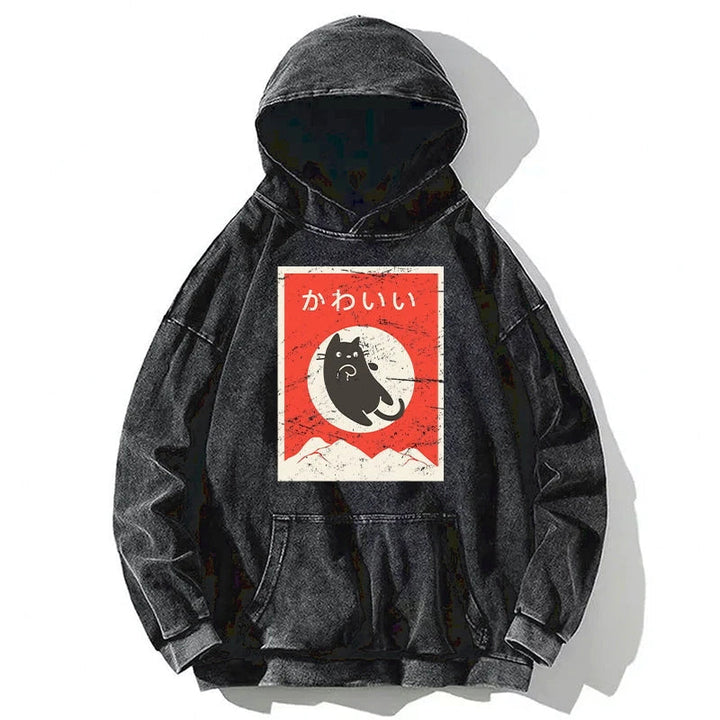 Cute Black Cat Japanese Washed Hoodie