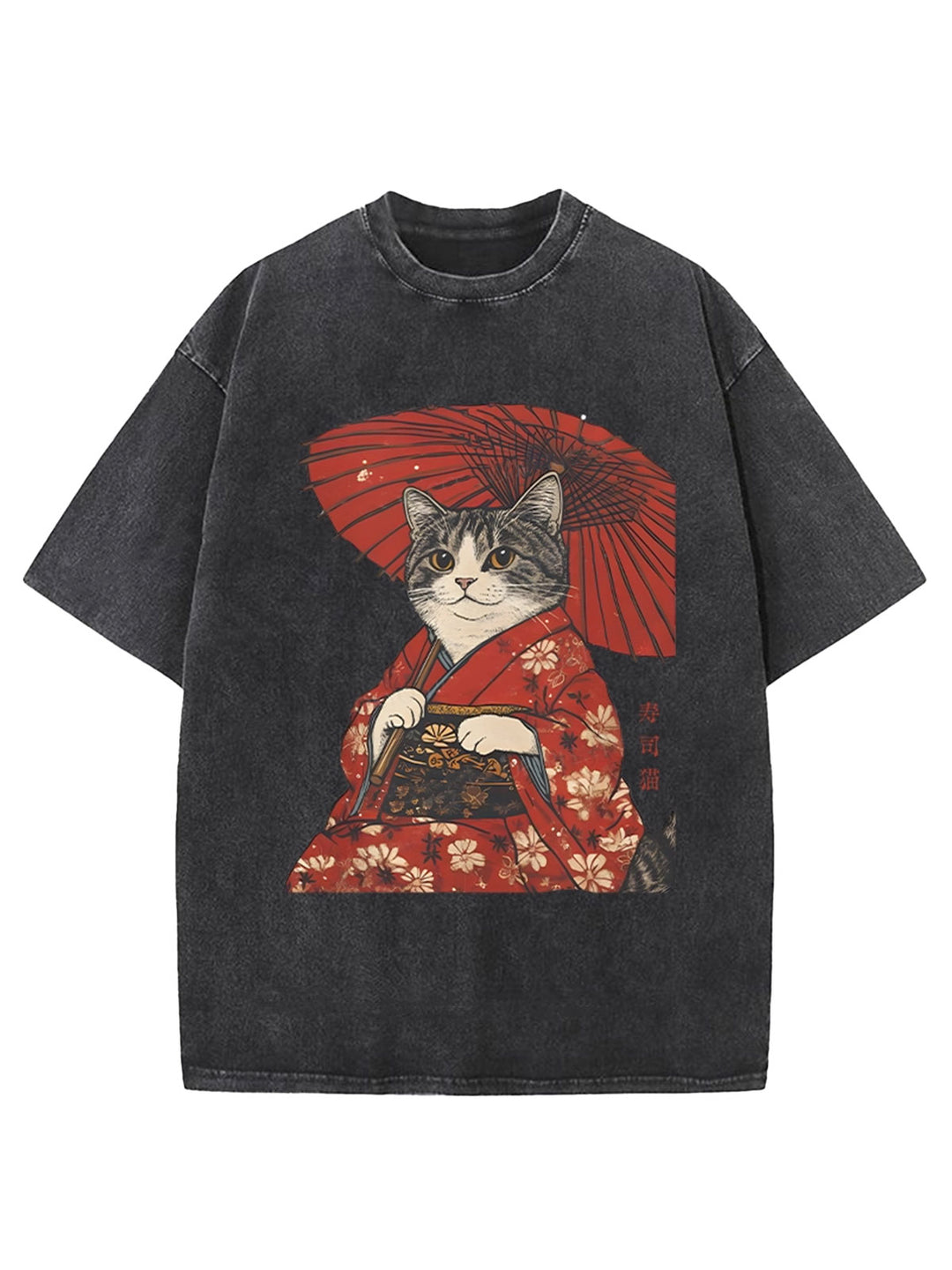 Japanese Cat Holding An Umbrella Washed Crew Neck T-shirt